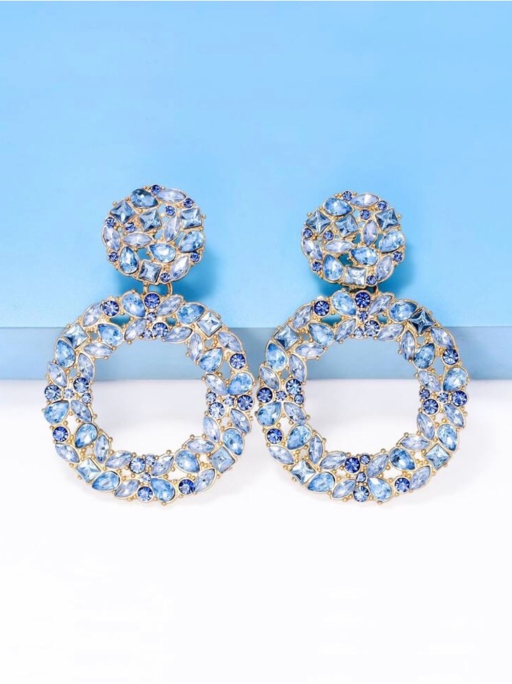Crystal Hoop Drop Earrings - Light Blue